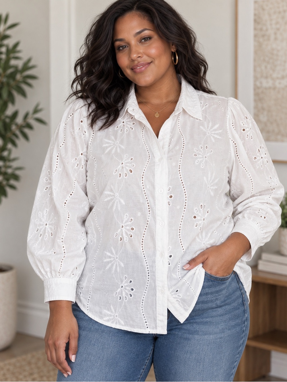 LIV Los Angeles White Embroidered Button-Up Blouse Womens 1X